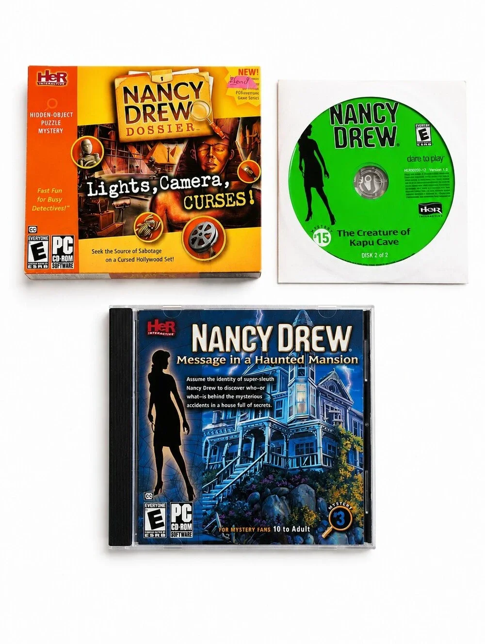 Nancy Drew Lot Of 3 Used Detective PC CD Rom Games Haunted Mansion, Kapu Cave+